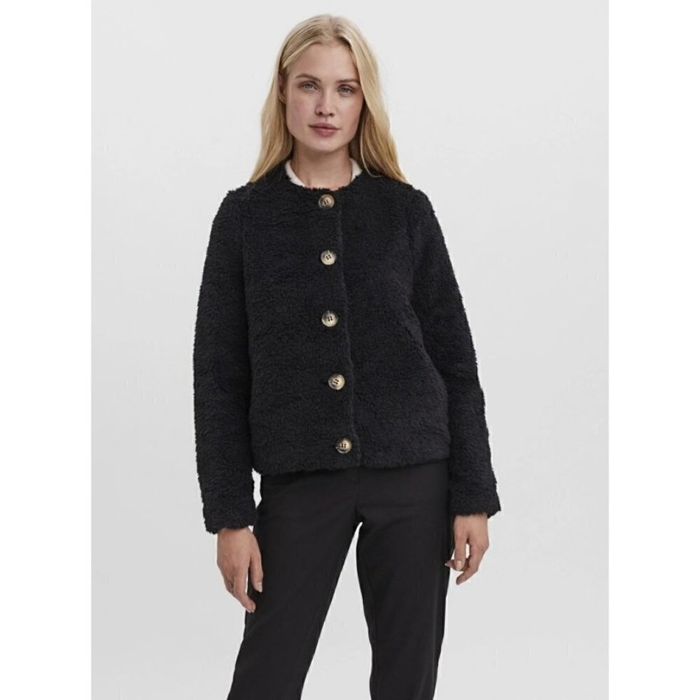 NWT Vero Moda Size M Amanda Faux Fur Teddy Jacket Black Button Front